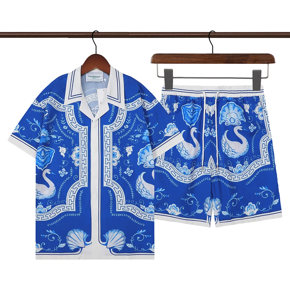 

2023 Casablanca New Blue Floral Printed Short Sleeve Shirt Sets Unisex Y2K Summer Lapel Hawaiian Thin Beach Tracksuits Oversized