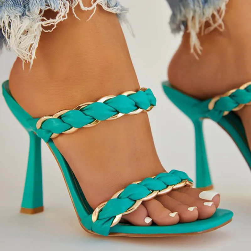 

Women's Sexy Wine Glass Heel Sandals Summer Metal Chain Woven Slides Slippers Square Toe Peep Toe Stilettos Shoes Plus Size 43