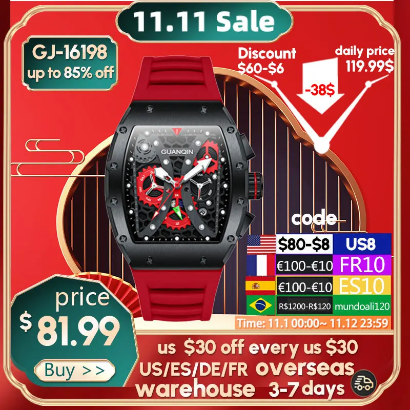 Продажа Модные спортивные механические Автоматические Мужские часы GUANQIN, сапфировый ремешок, полый ремешок из нержавеющей стали и резины, мужские ч...