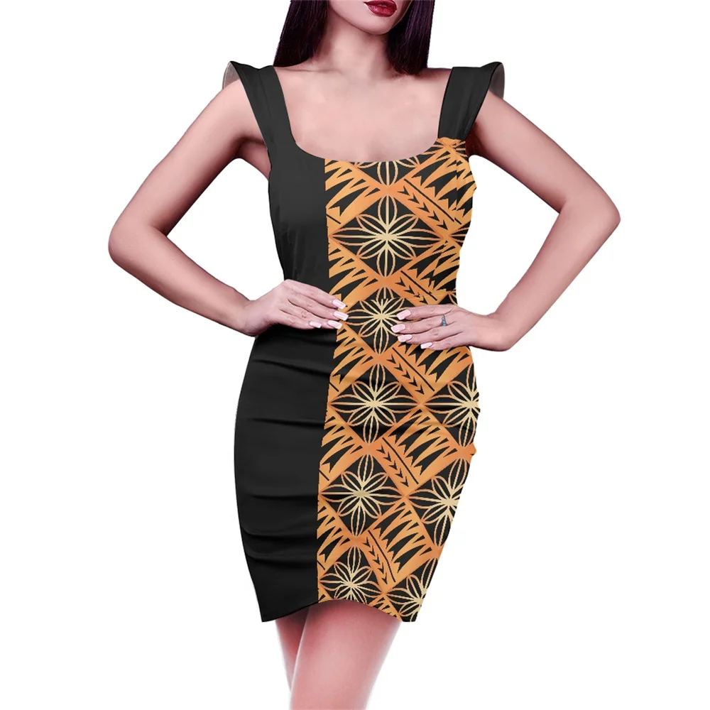 Wholesale Prices Skinny Dress Polynesian Tribal Hibiscus Samoan Fijian Print Elegant Dresses Strapless A-line Bodycon Mini |