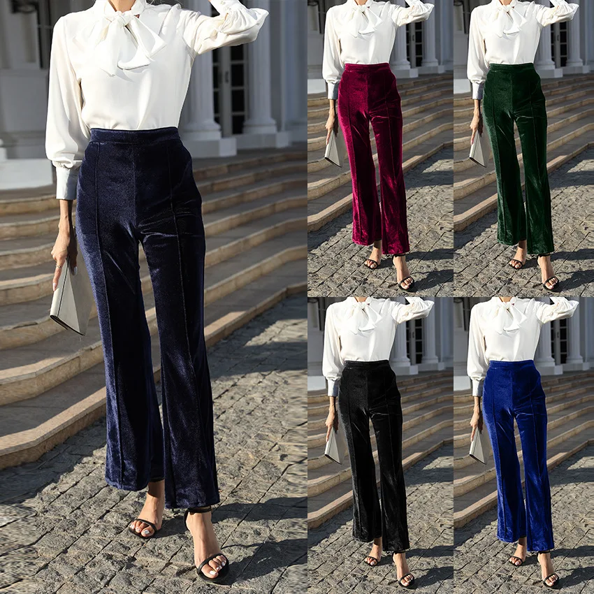 

2022 Fall Women's Collage Golden Velvet Micro Pants High Waist Casual Pants