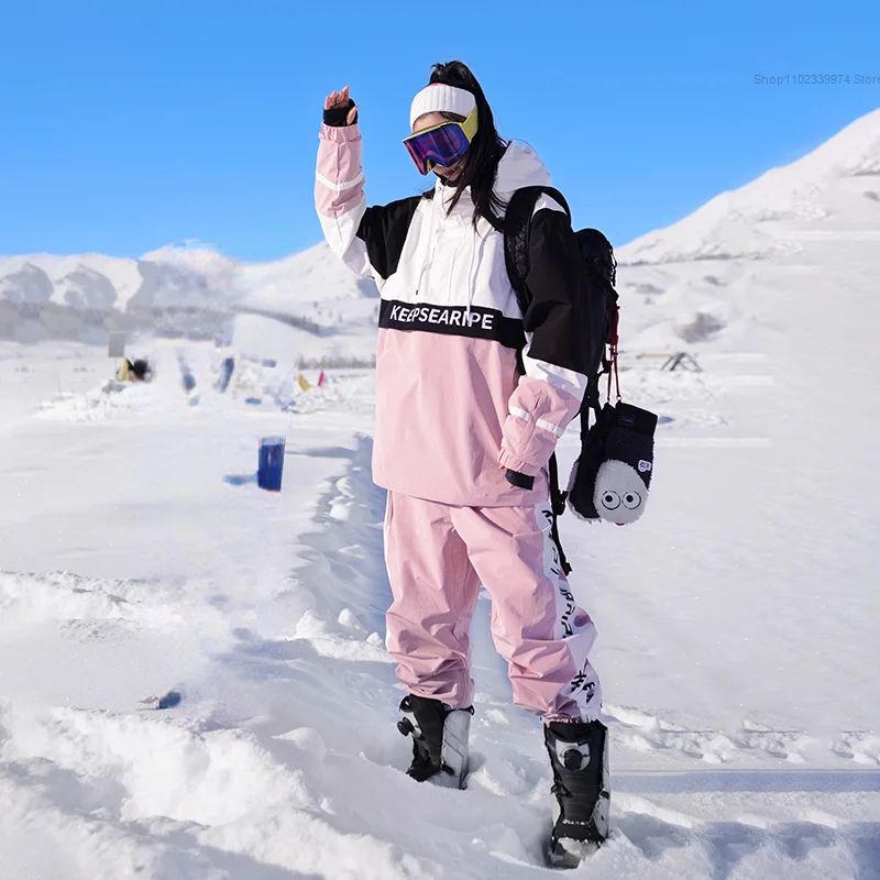 

New Winter Men Patchwork oversize Loose Hip hop Hoodies Ski Suits Snow Snowboard Women's Waterproof Ski Jacket Pants Set