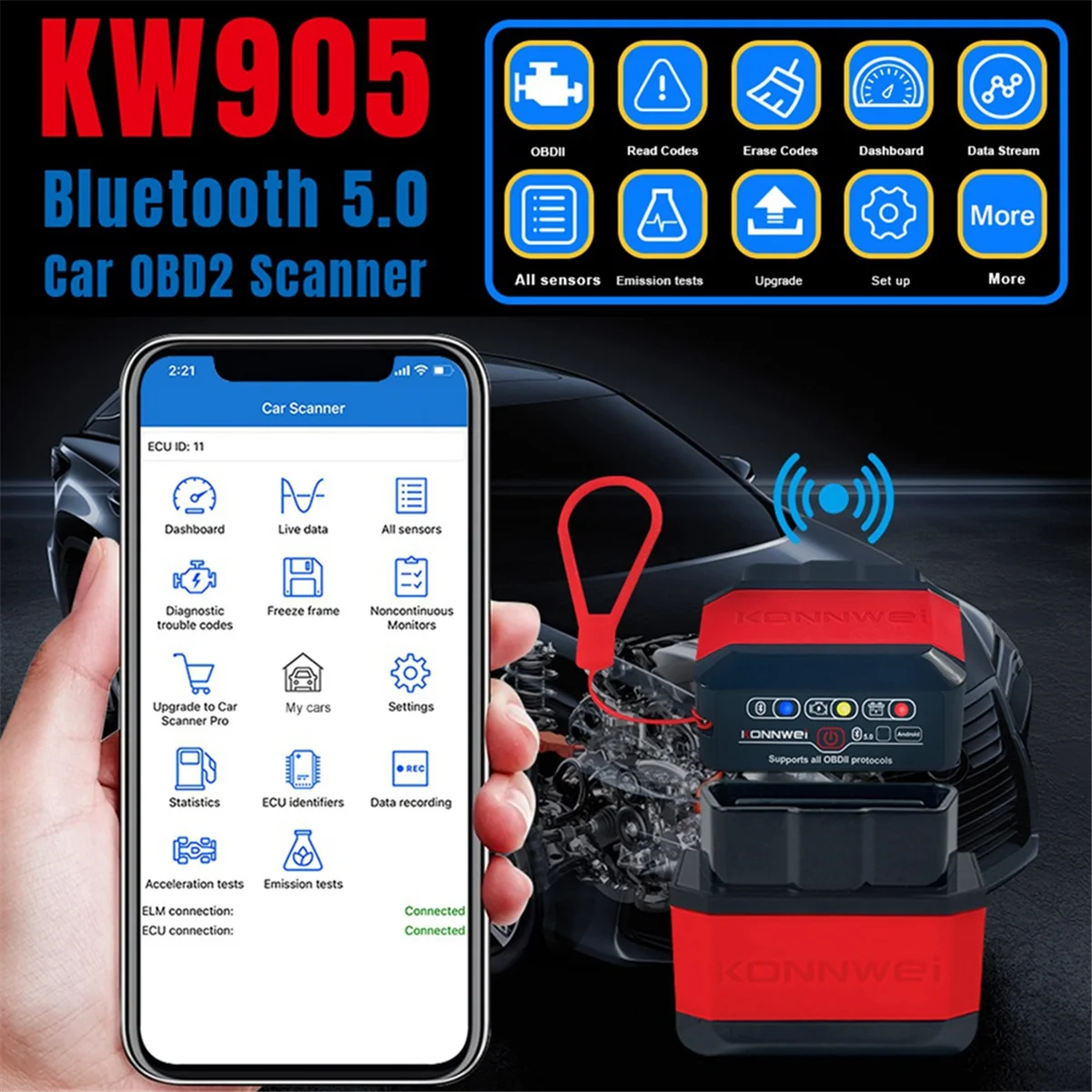 Сканеры OBD2 KW905 V1.5 Bluetooth 5.0 для Android/IOS Автомобильный диагностический инструмент