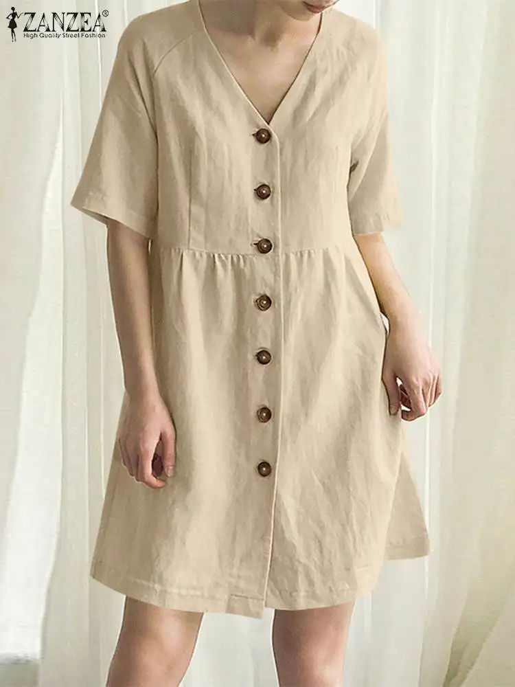 

ZANZEA Summer Elegant V Neck Short Sleeve Party Sundress Fashion Women Shirt Dress Casual Office Lady Kaftan Bottons Vestidos