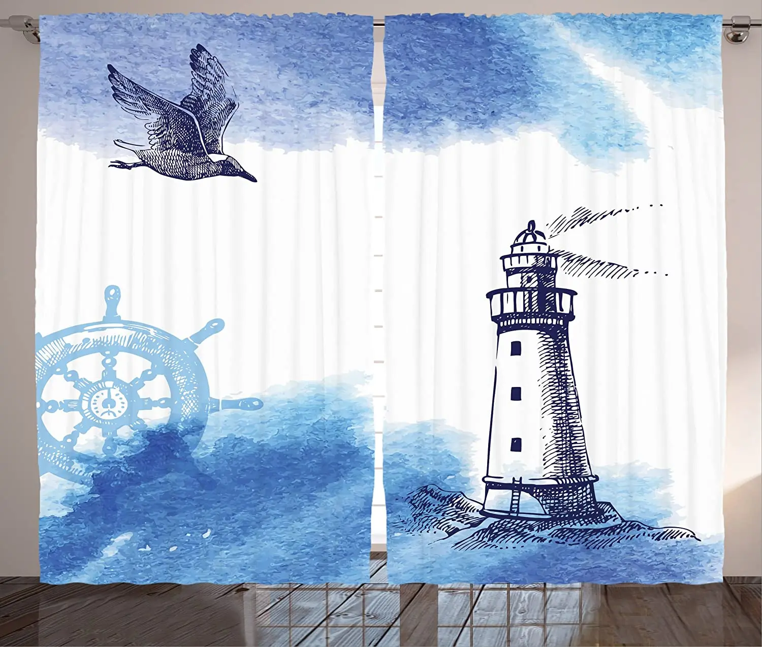 

Farm House Blackout Curtains Nostalgic Watercolors with Gull Ancient Anchor Lighthouse Nautical Theme Window Curtain