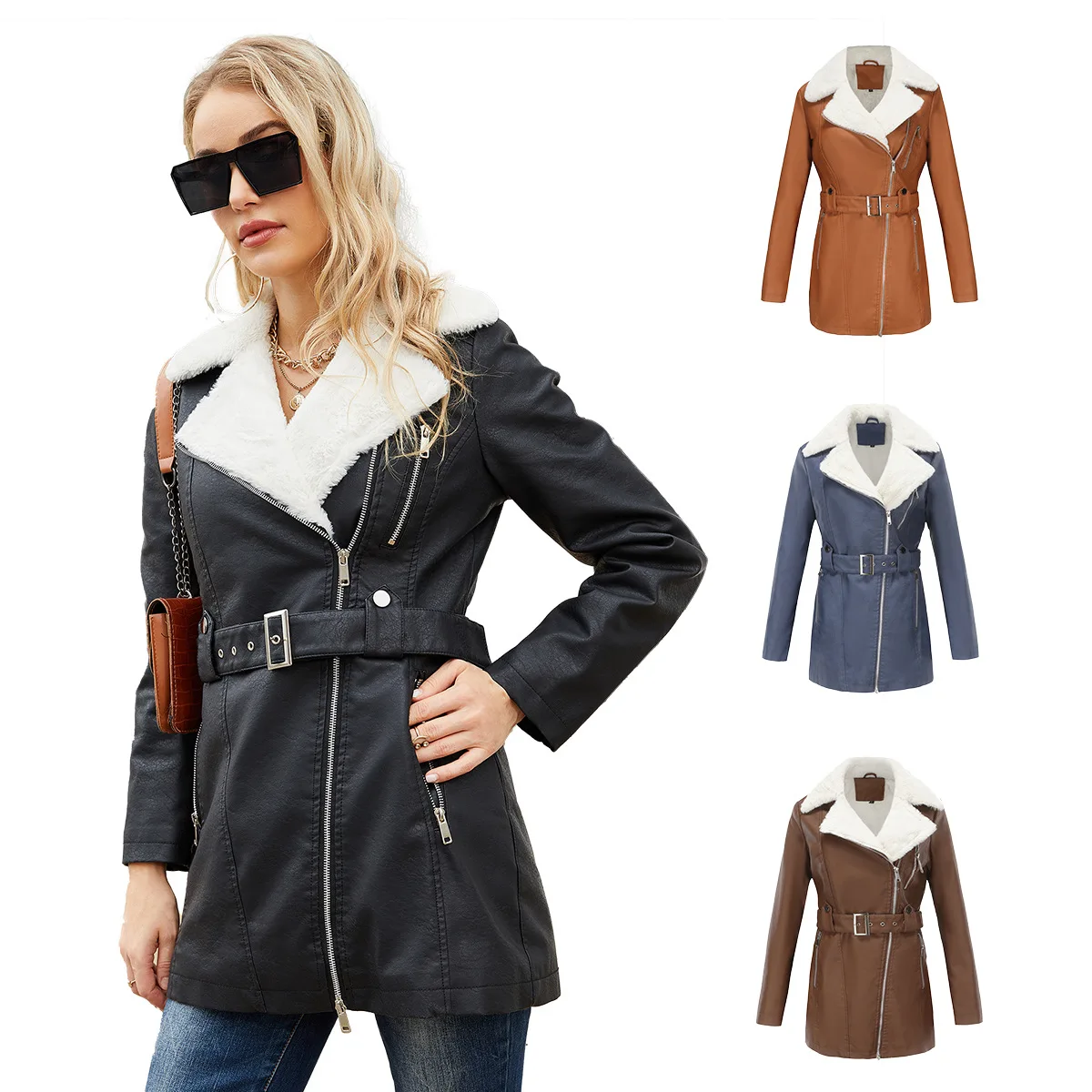 

New Arrival Fur Fall Winter Women's Long Sleeve Coat with Belt and Double-ended Zipper Warm Outerwea