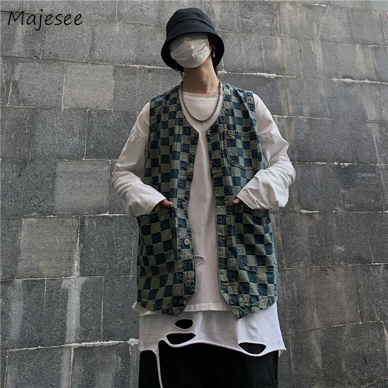 

Vests Men Spring New Arrival Korean Style Plaid Denim Outwear Unisex Fashion Streetwear Clothing Leisure Stylish Harajuku Male