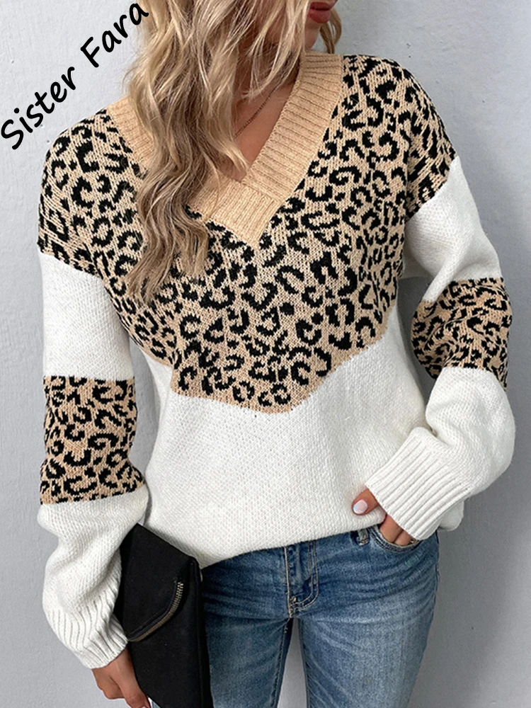 

Sister Fara Autumn Winter V Neck Sweaters Women's Long Sleeve Pullover Loose Ribbed Hem Knitted Oversized Long Sleeve Sweater