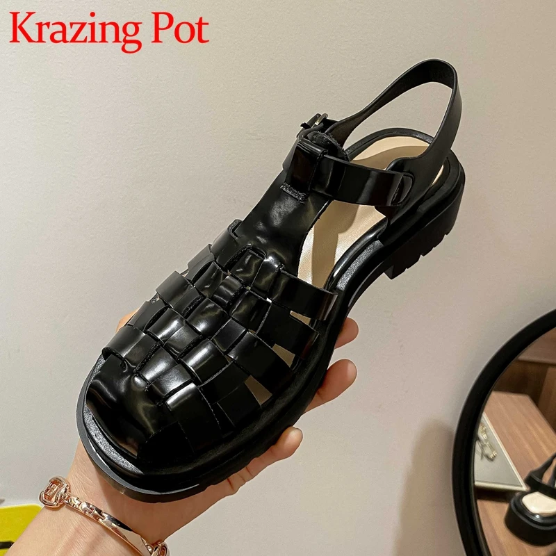 

Krazing Pot Big Size 41 Genuine Leather Round Toe Med Heel Gladiator High Street Fashion Solid Buckle Strap Women Sandals L12