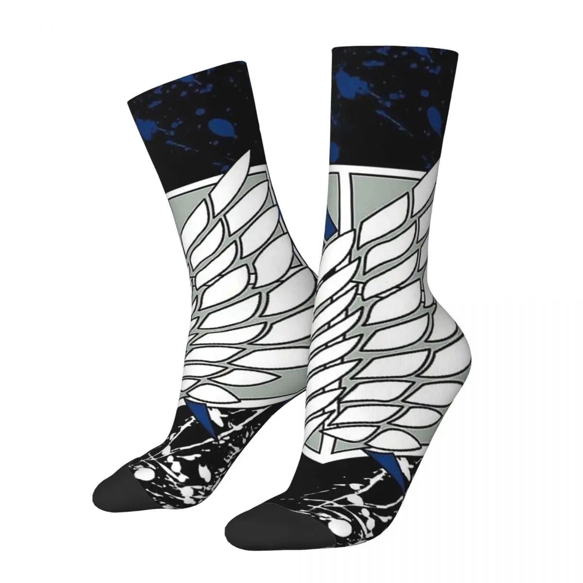 

Funny Crazy Sock for Men Wing Blue White Hip Hop Harajuku Attack on Titan Giant Fighting Anime Pattern Printed Boys Crew Sock