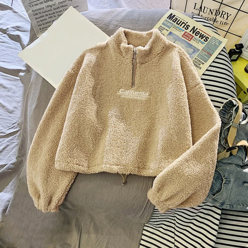 New Women Lamb Wool Short Sweatshirt Zipper Pocket Thick  Half High Collar Jacket Autumn Winter Warm Soft Long Sleeve Tops Coats