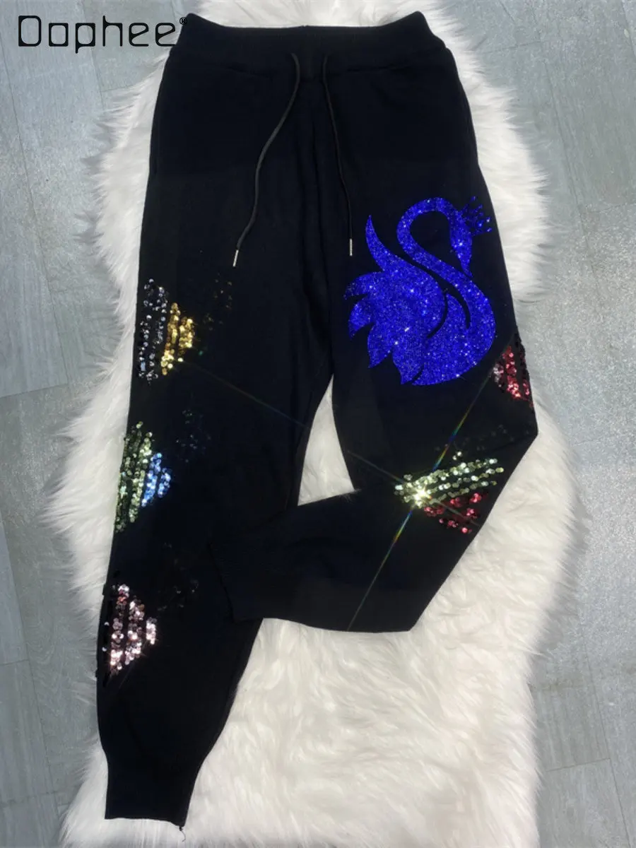 High-Waisted Trousers Knitted Sweatpants Women's Fashionable Sequins Cartoon Rhinestone Stitching Heavy Industry Casual Pants