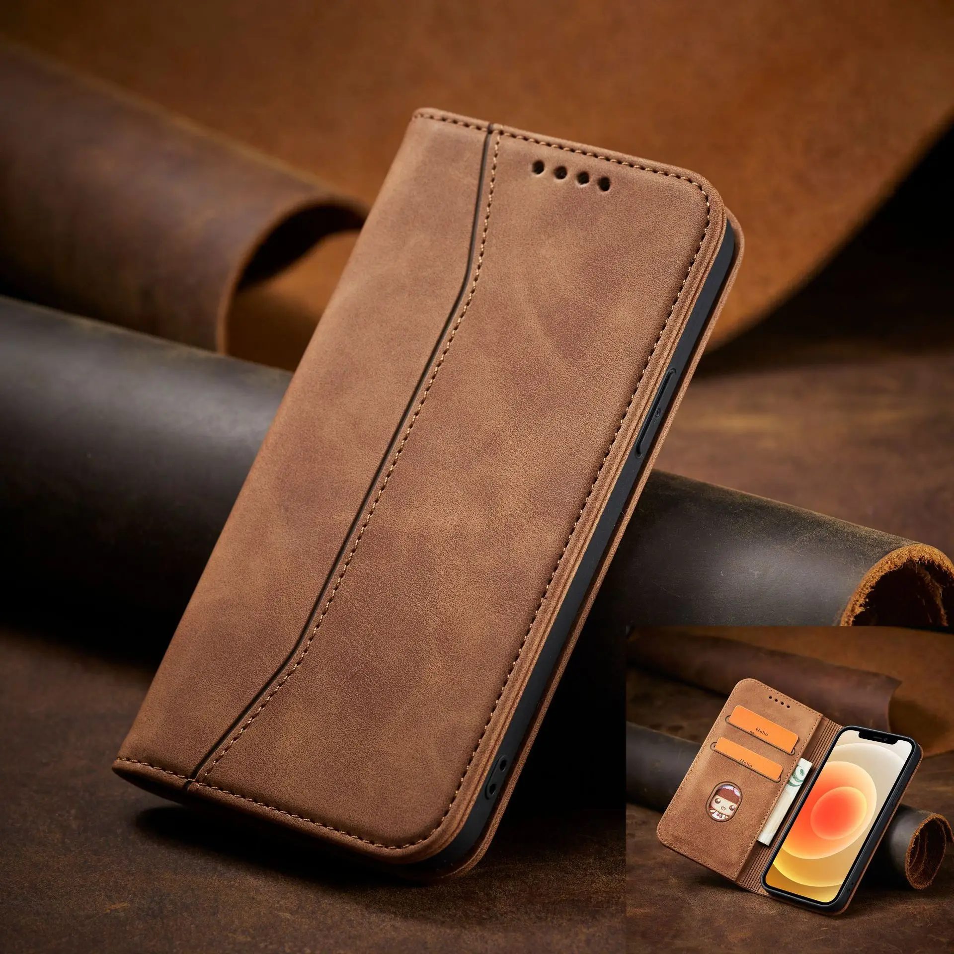 

Luxury Slim Fit Premium Leather Case for IPhone 13 11 12 Mini Pro XR XS Max X 6 7 8 Plus Wallet Card Slots Shockproof Flip Cover