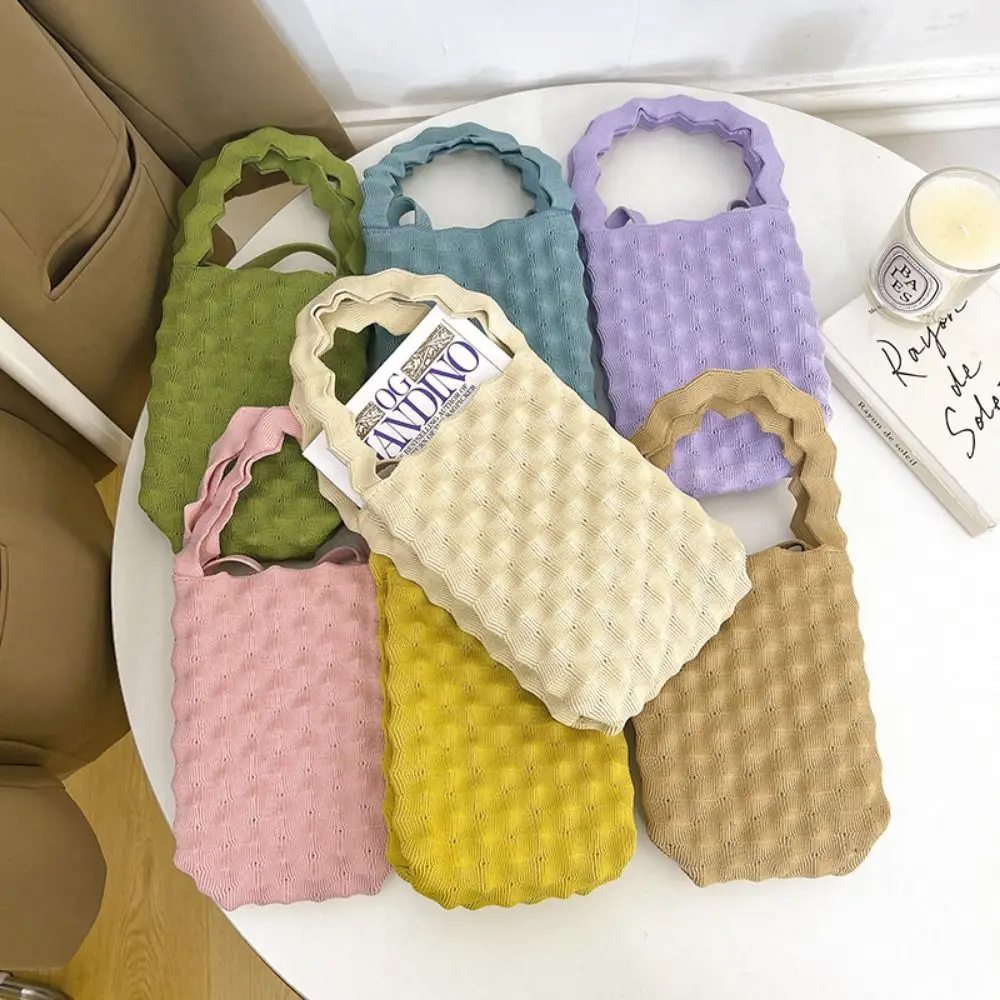

Handmade Knitted Handbag Korean Casual Color Woven Shopper Tote Bag Purse Pleated Bubble Handbag Women Girls