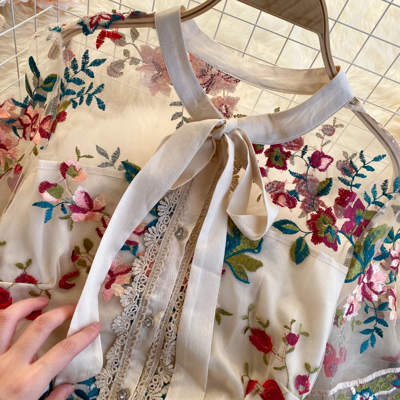 Fitaylor Summer New Arrival Women Vintage Mesh Floral Embroidery Maxi Dress Ladies Retro Bow A-line Slim Party Plus Size | Женская