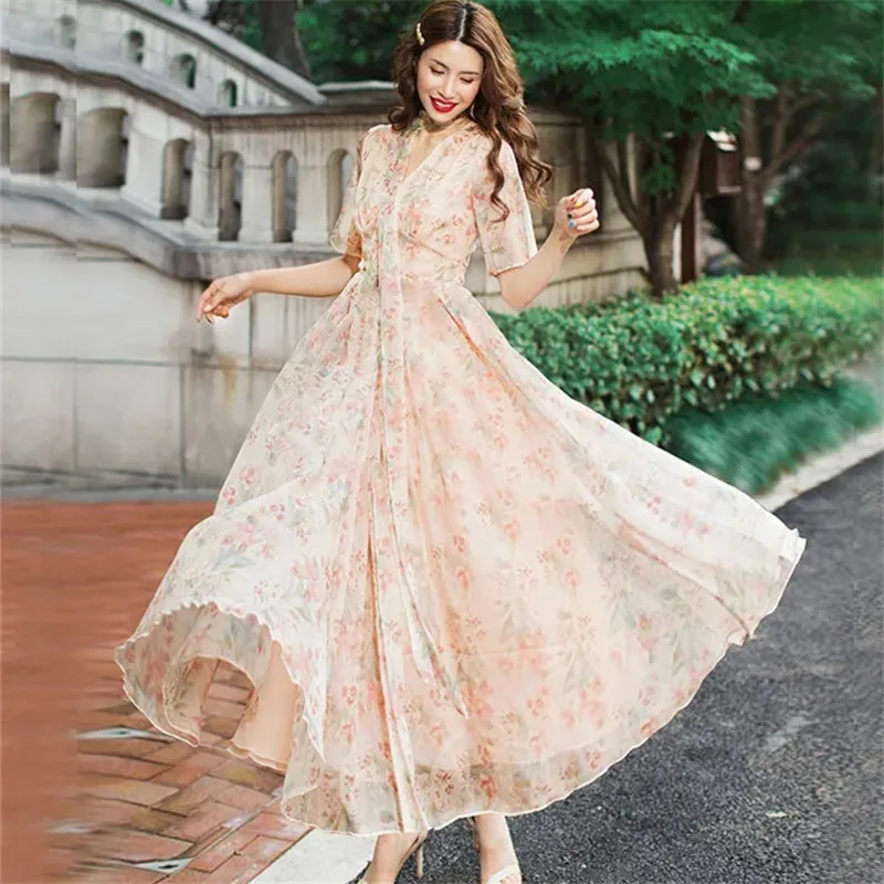 

Женское шифоновое платье с принтом, длинная трапециевидная юбка с V-образным вырезом и длинными рукавами, модель M265 на лето