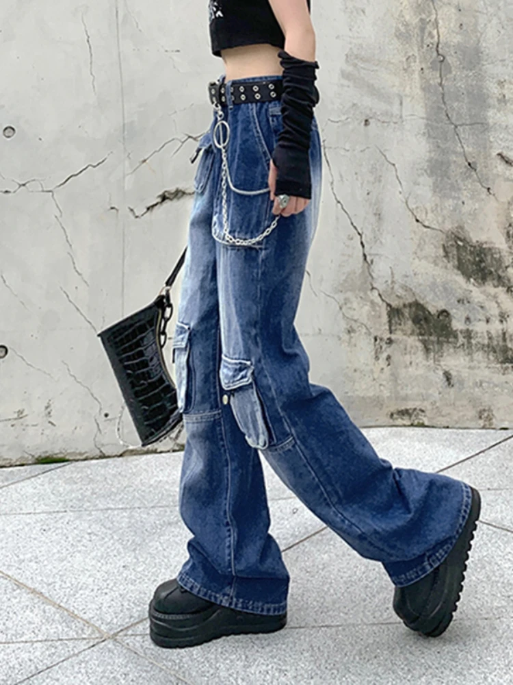 

Синие джинсовые брюки-карго WeiYao с заниженной талией Y2K, женские уличные прямые джинсы с карманами и стежками, корейские модные брюки в стиле хиппи