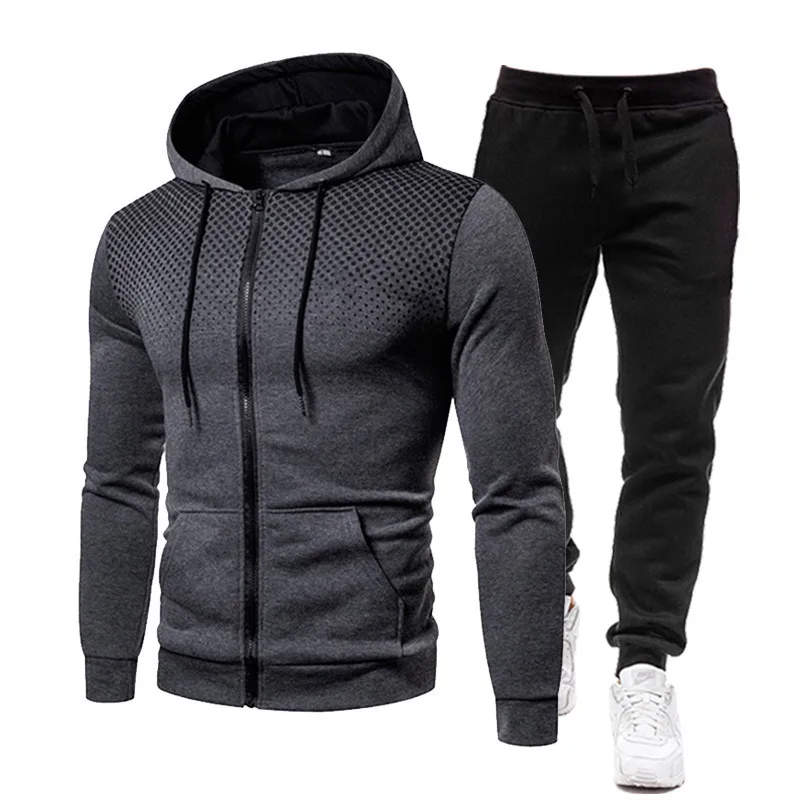 Autumn and winter men's hoodie+jogging pants casual fleece warm zipper dot sweater men's sports suit fitness hooded sportswear