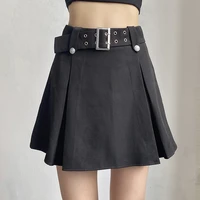 solid color simple casual versatile youth vitality slim student sexy street cool womens belt design pleated skirt
