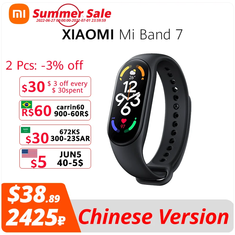 

Xiaomi Mi Band 7 Smart Bracelet, 6 Color AMOLED Waterproof Fitness Tracker, Blood Oxygen Measurement, Bluetooth
