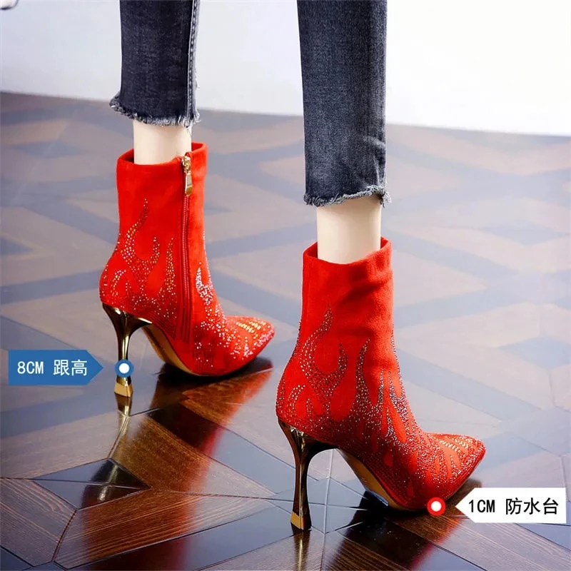 Ladies Luxury Crystal Thin High Heels Ankle Boots Women Sexy Pointed Toe Party Shoes Woman Fashion Back Zipper Short Boots Lady