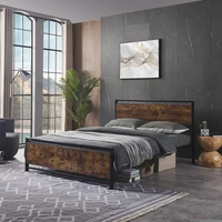 US Stock Queen Size Metal Platform Bed Frame with Wooden Headboard and Footboard, No Box Spring Needed, Large Under Bed Storage