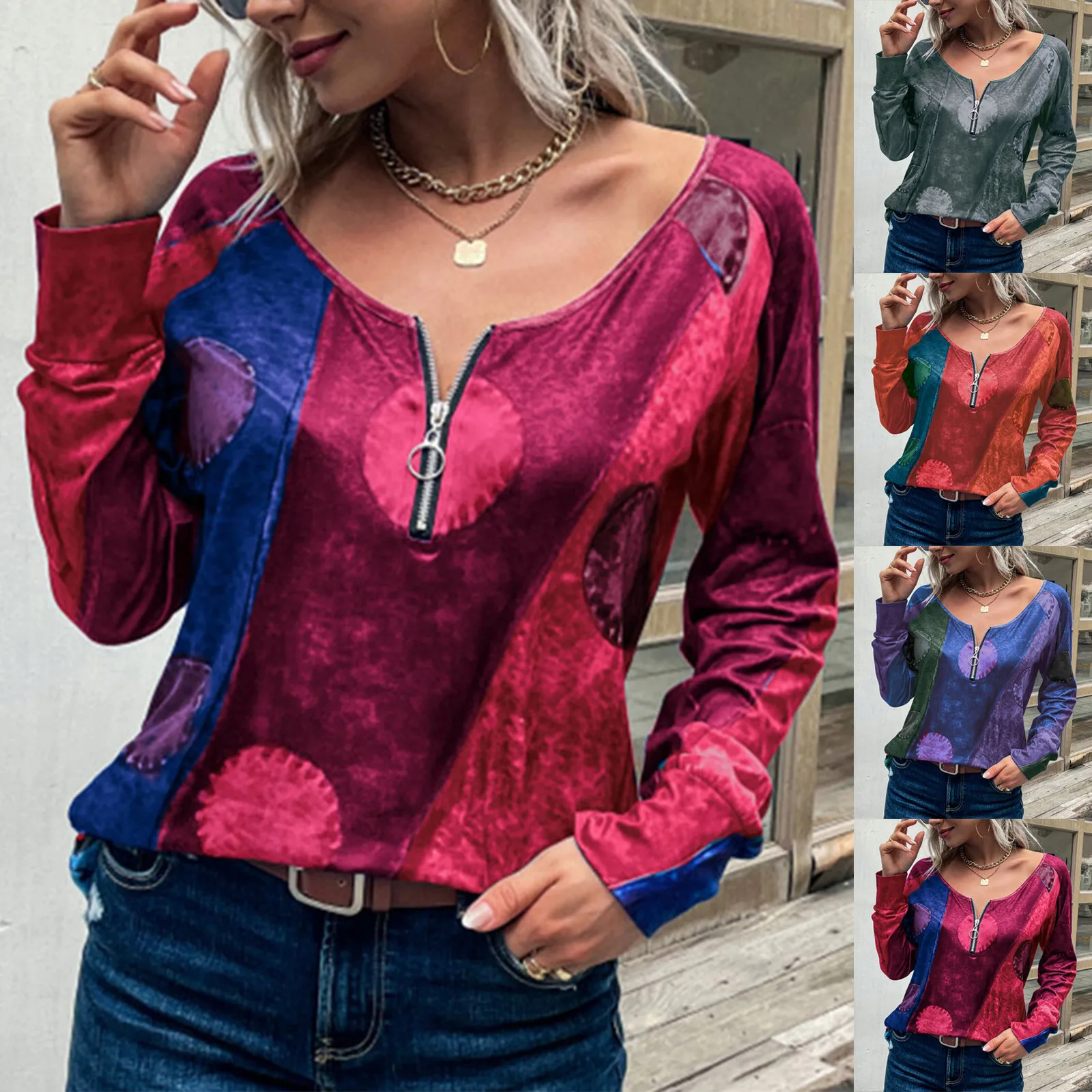 

Женские топы с принтом в этническом стиле, рубашка на молнии с длинным рукавом, Повседневная Свободная футболка, модная новинка, Лидер прода...