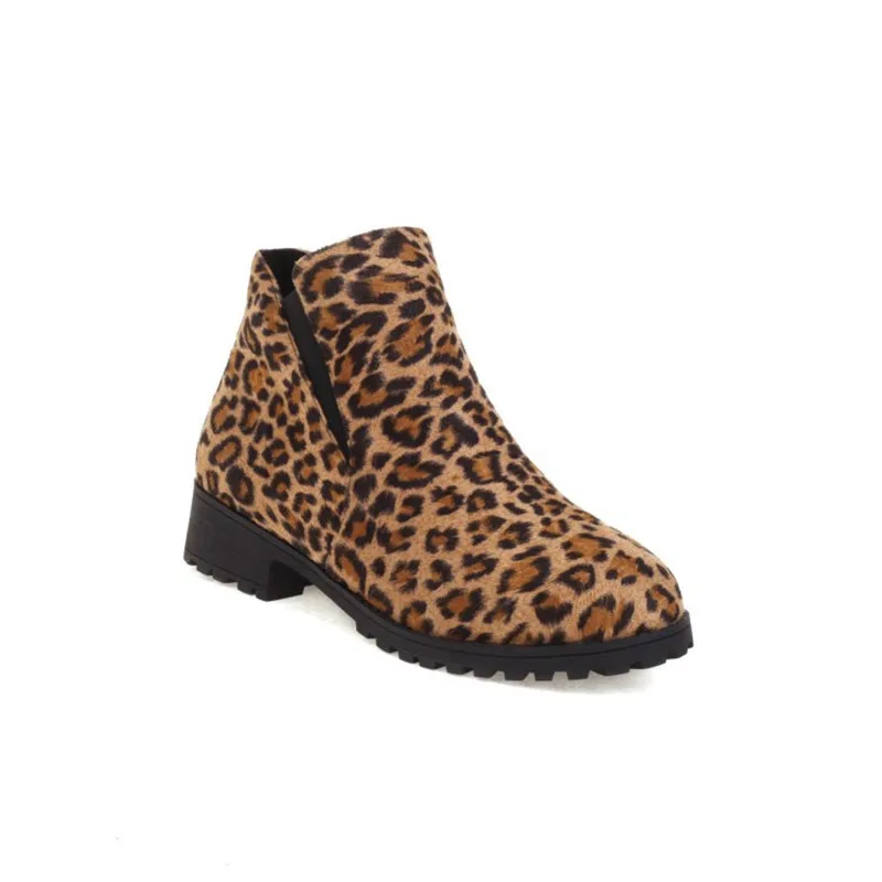 

Rinding Botas Femininas Flock Square Heels 3.5cm Boots Big Size 45 46 Autumn Ankle Comfort Booties Lady Shoes Round Toe Leopard