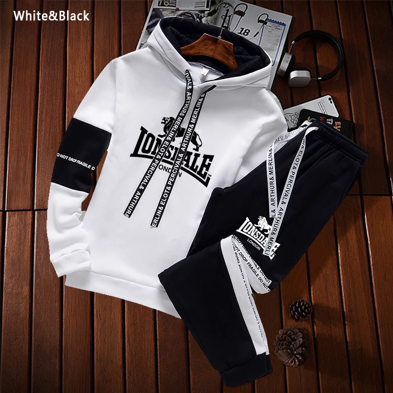 

Men's Brand Print Sportwear Two-piece Set Hoodies and Jogger Pants Classic Fashion Black&white Mixing Urban Casual Out-fit