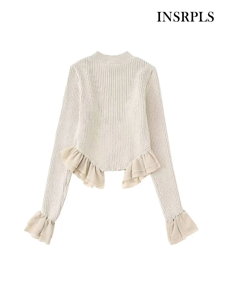 

INSRPLS Women Fashion With Ruffled Crop Knit Sweater Vintage O Neck Long Sleeve Female Pullovers Chic Tops