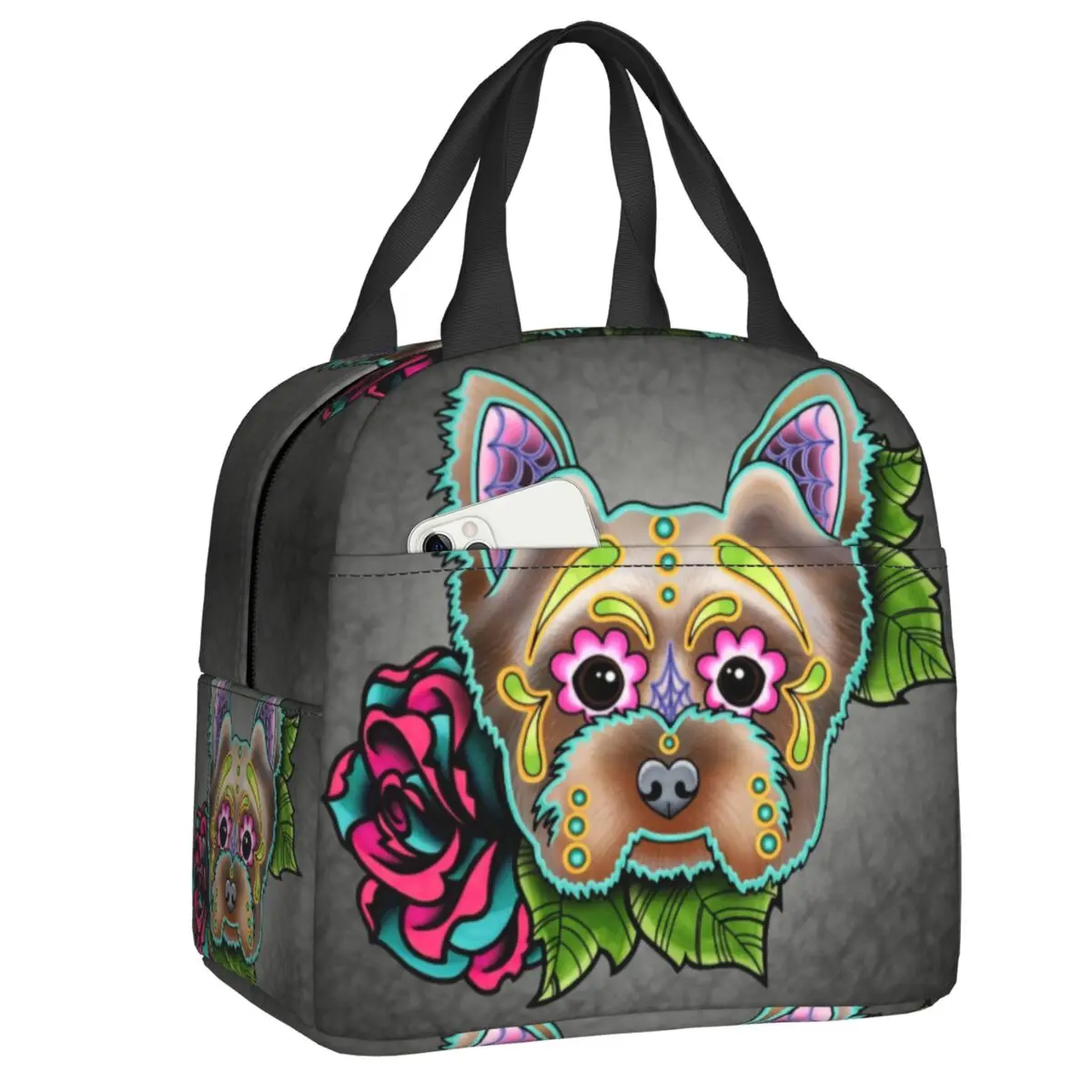 

Day Of The Dead Sugar Skull Yorkie Dog Thermal Insulated Lunch Bag Women Yorkshire Terrier Lunch Box for School Food Picnic Bags