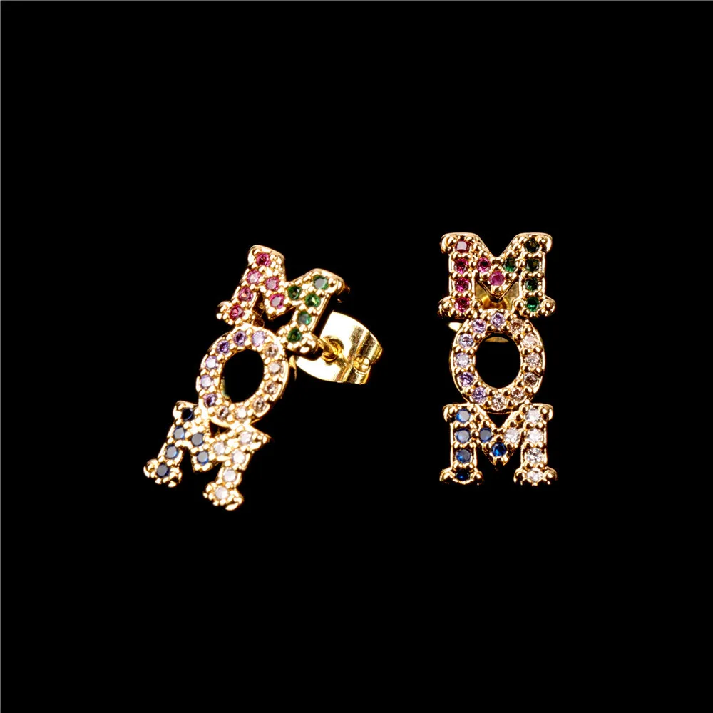 

Новые простые серьги-гвоздики PUSHY с цветным цирконием и надписью «Mom» на день матери, подарок «Thank You Mom»