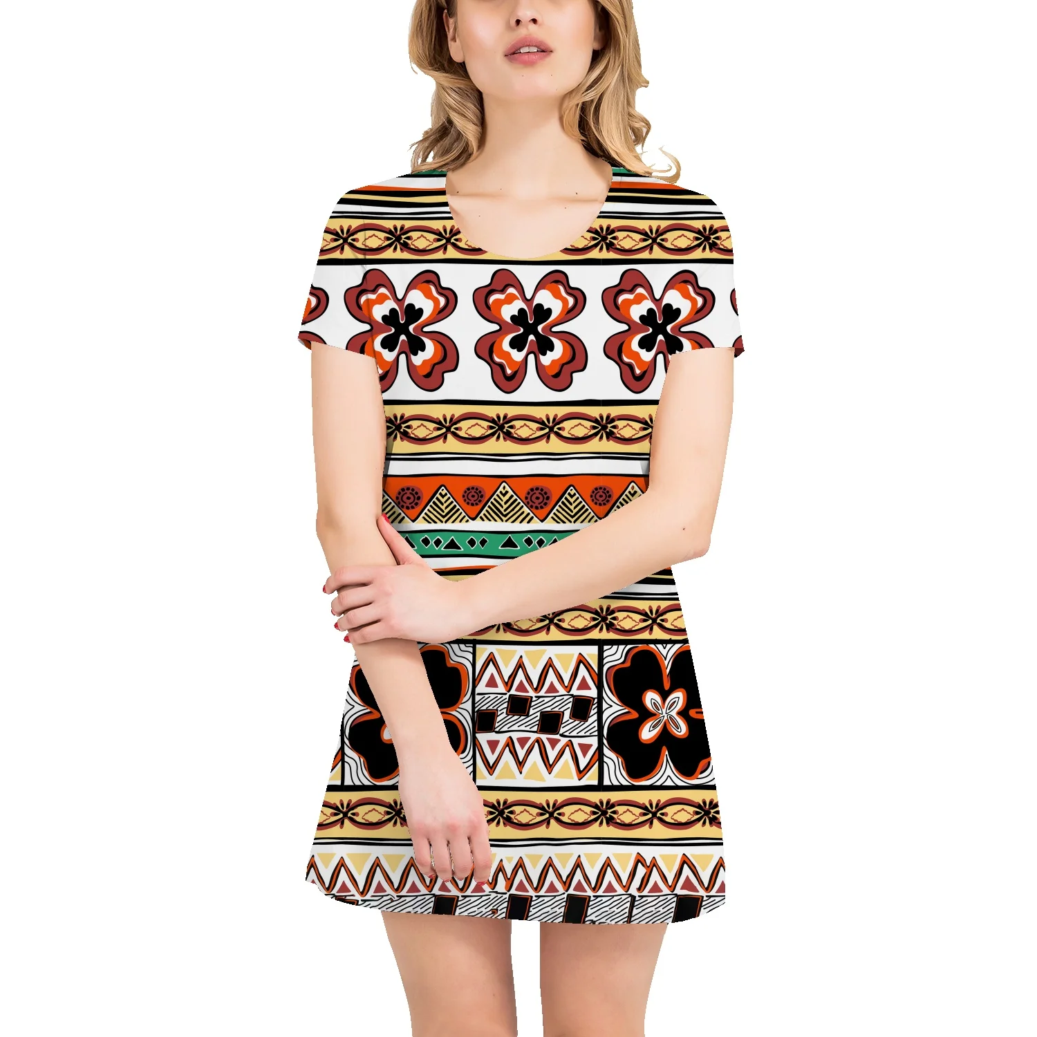 

Bohemian Ethnic Retro Striped Print Ladies T-Shirt Dress Summer Large Size S-4XL Loose Casual Mid-Length T-Shirt Skirt