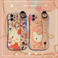 hello kitty cartoon wrist strap phone case for iphone13 cute xr fashion xs max soft case