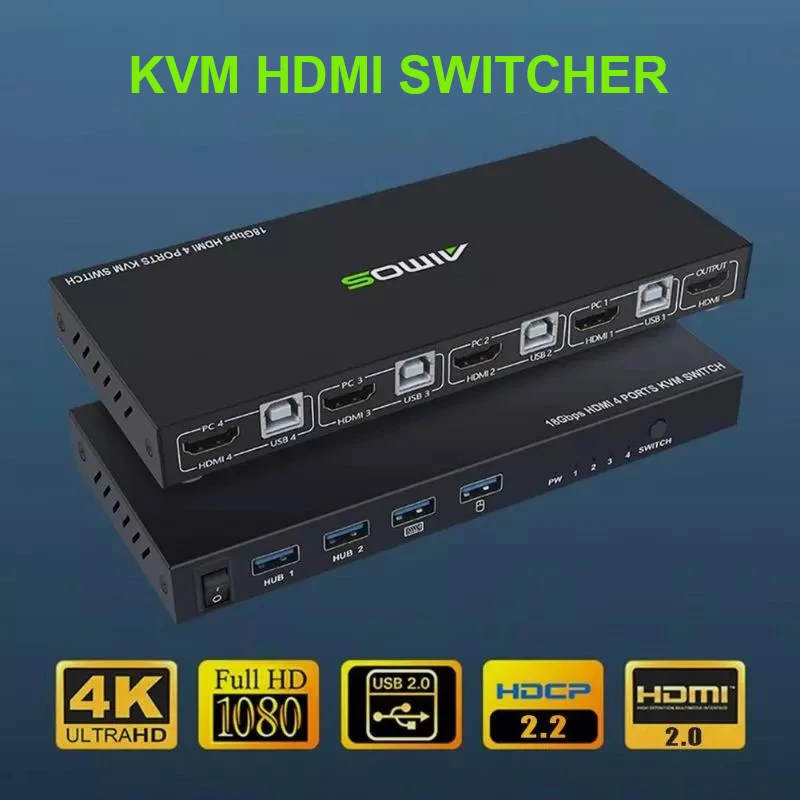 18Gbps 4K 60Hz Ultra HD Metal Case 4 Input 1 Output KVM Switch Screen Switcher Shared Keyboard and Mouse AM-KVM401
