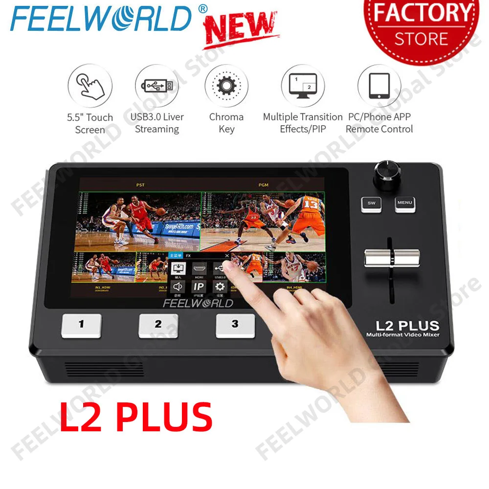 Мультикамера FEELWORLD L2 Plus, смеситель для видеокамеры, переключатель, сенсорный ЖК-экран 5,5 дюйма, 4 входа HDMI, USB3.0 выход для прямой трансляции