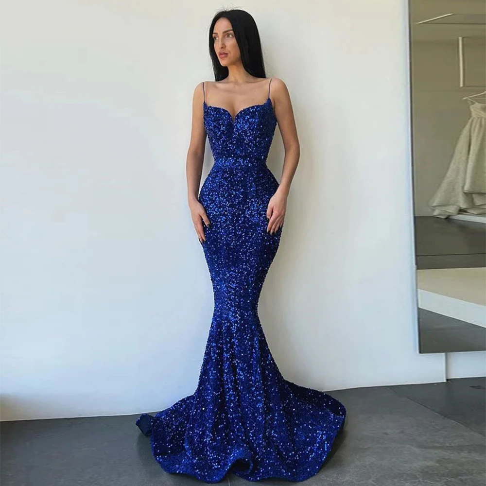 

Blue Simple Evening Dresses Glittering Sequin Mermaid Princess Sexy Strapless Prom Gowns Robe 2023 Vestidos Formal Beach Party