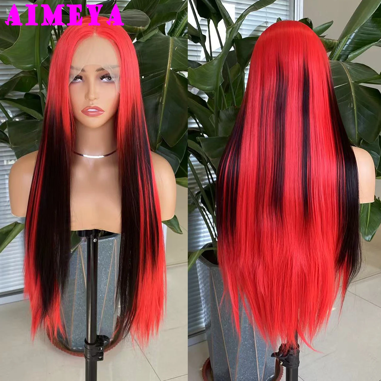 

AIMEYA длинный прямой Горячий красный парик черные прямые Омбре синтетические кружевные передние парики для черных женщин натуральные шиньоны для ежедневного использования