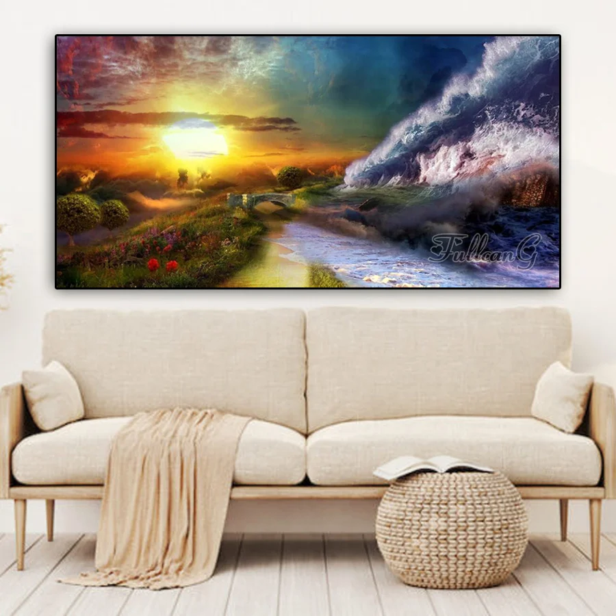 

5d Diamond Art Sunset and Tide Natural Landscape Painting Diy Full Mosaic Embroidery Sea Cross Stitch Kits Home Decor AA4125
