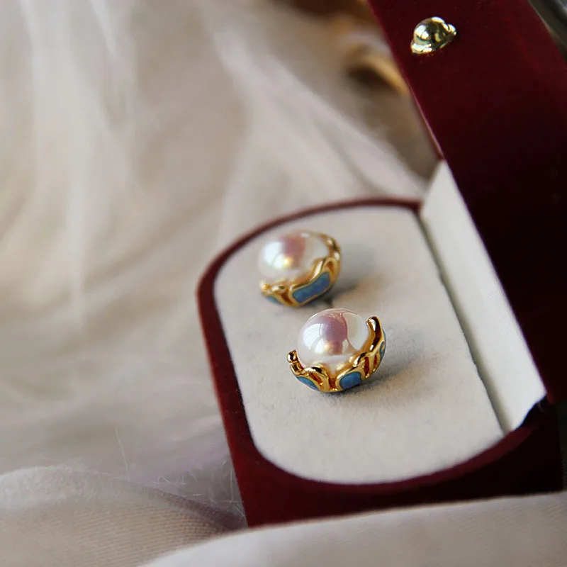 

Винтажные серьги-гвоздики в виде цветка лотоса с покрытием из 18-каратного золота, эмалевые зеленые жемчужные цветы, ювелирные изделия для женщин, свадебные украшения
