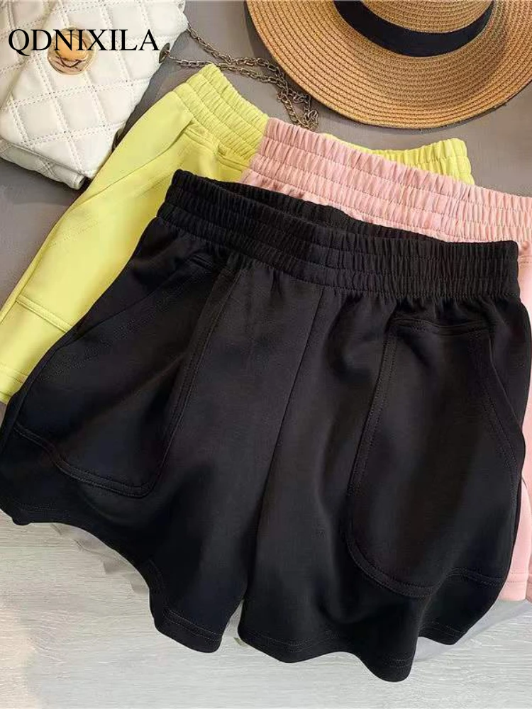 Summer 2023 Korean Fitness Sports Women Shorts High Waist Loose Slim Wide Leg Shorts Solid Cotton Casual Oversize Fashion Shorts