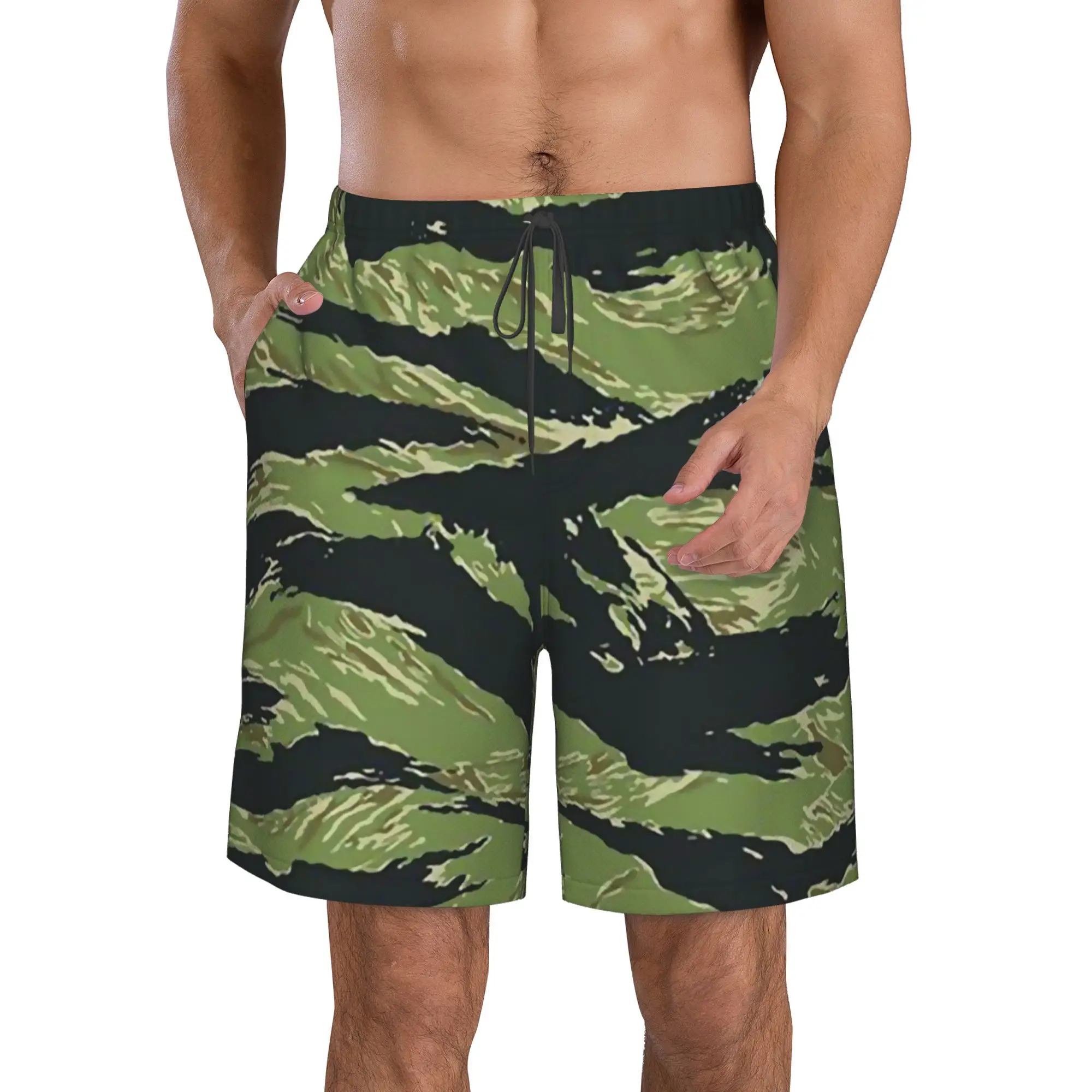 

Tiger Stripe Camo Men's printing Swim Trunks Quick Dry Drawstring Waist Beach Swim Trunks Board Shorts with Mesh Lining
