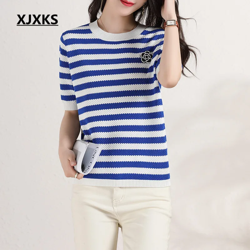 

Женская футболка в полоску XJXKS, повседневный топ с круглым вырезом и коротким рукавом, лето 2022