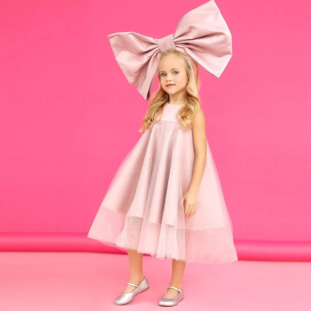 

Simple Flower Girls Dresses 2023 O-Neck Sleeveless A-Line Kids Wedding Party Dress Tea-Length Tulle Cute Girl Princess Gowns