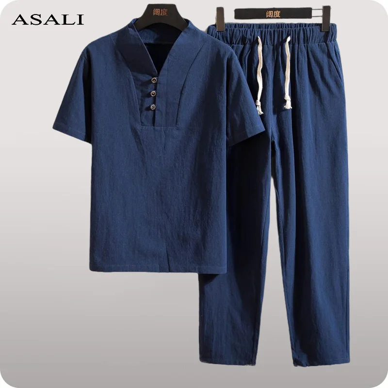 

Short Sleeve T-Shirts+Long Pants Sets 2023 Summer Solid Color Tracksuit Men Clothing Streetwear Male Casual Drawstring Suits