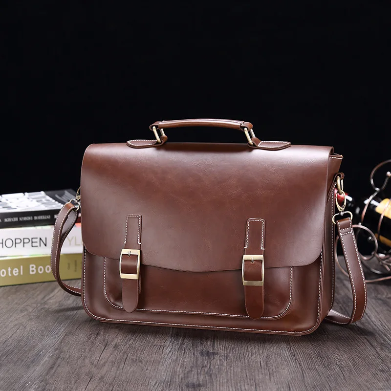 Men Vintage Business Crazy Horse PU Leather Briefcase Handbag Male Retro High Quality Laptop Shoulder Messenger Leather Bag 2021