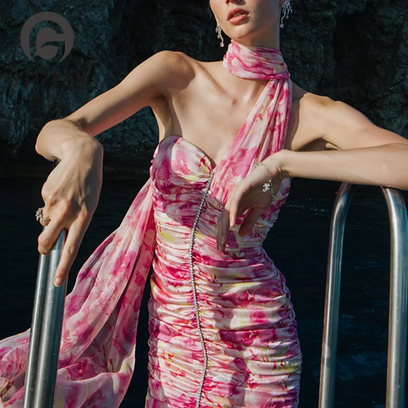 

Женское Короткое облегающее платье GIGIYW, дизайнерское платье с принтом, цепочкой и бриллиантами, 2022