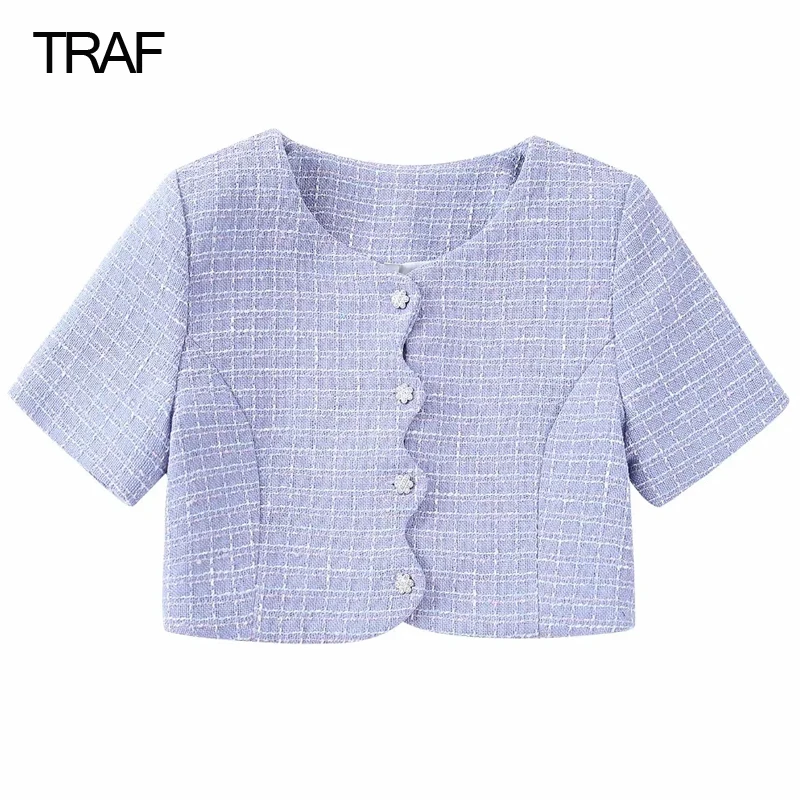 

Женский фиолетовый Блейзер TRAF, офисная одежда с коротким рукавом, блейзеры для женщин, элегантные стильные женские укороченные блейзеры, ко...