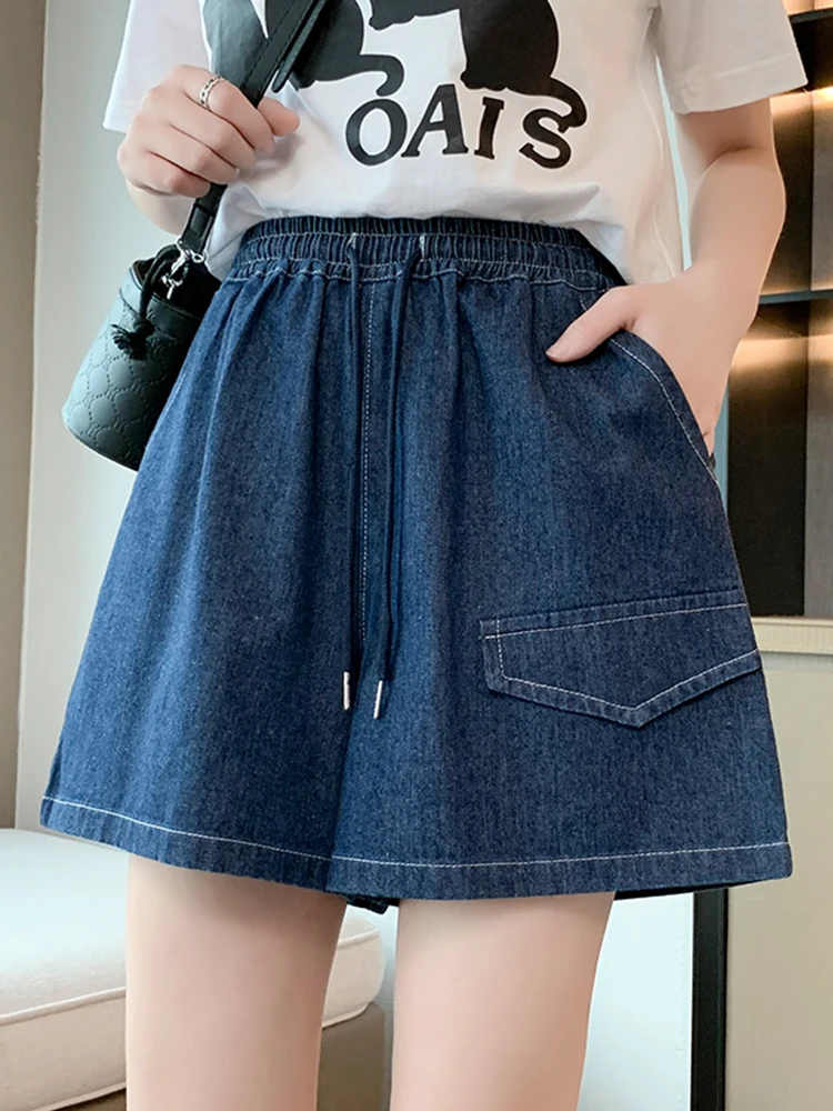 Streetwear Women Wide Leg Lace Up Elastic Waist Denim Shorts Spring Summer Female Loose Retro Jeans Shorts Bottoms