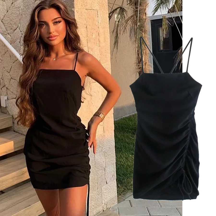 

Withered England Style High Street Ins France Vinatge Spaghetti Strapless Black Sexy Mini Dress Women Wholesales Clothing